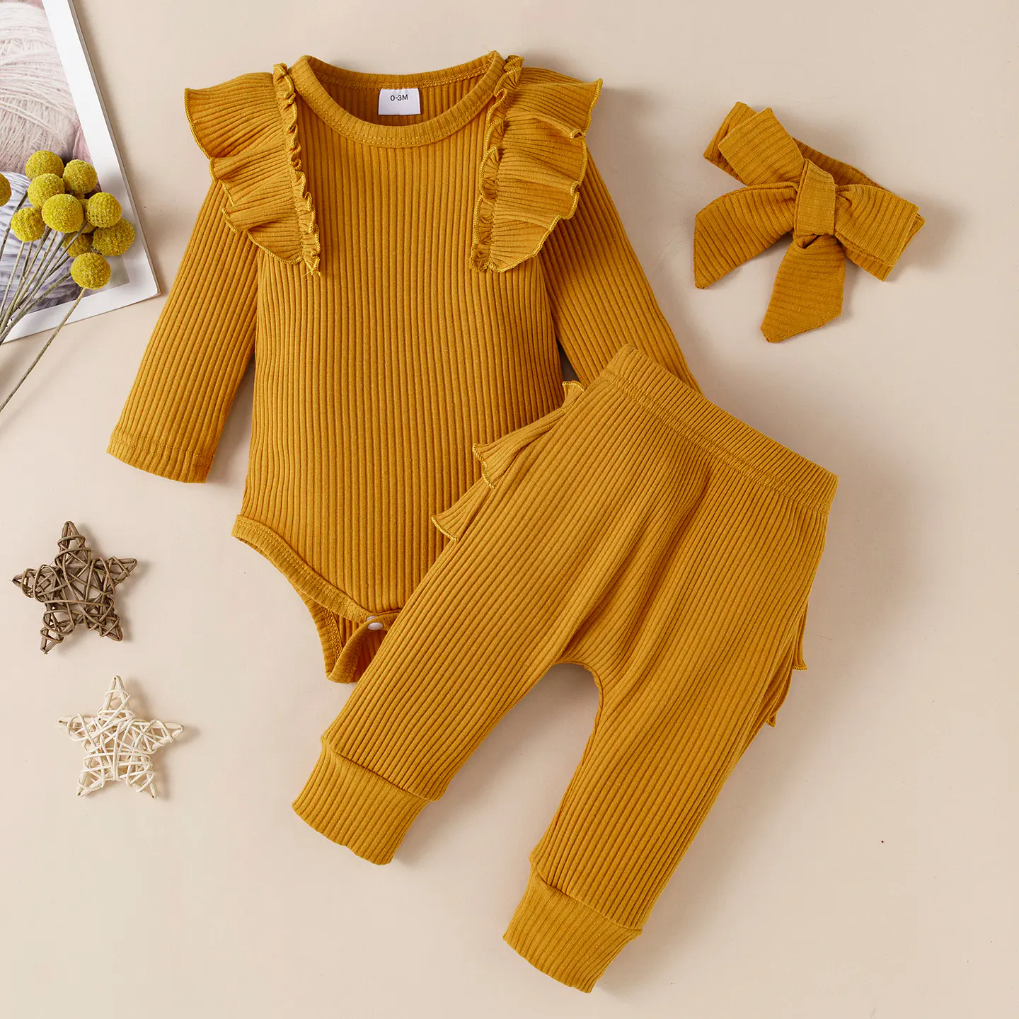 Conjunto bebe niña amarillo pantalon body y cintillo 1