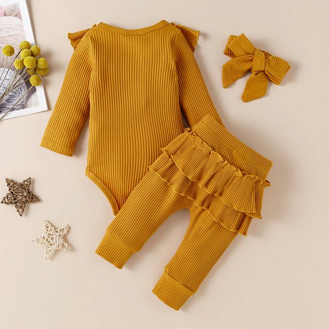 Conjunto bebe niña amarillo pantalon body y cintillo
