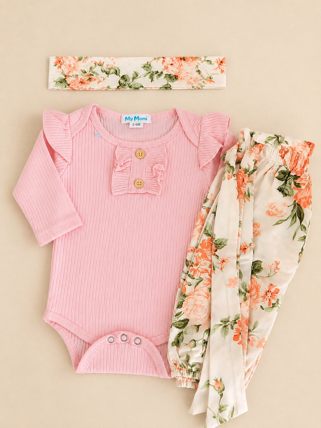 Conjunto pilucho, pantalones y cintillo flores coral 1