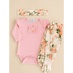 Conjunto pilucho, pantalones y cintillo flores coral