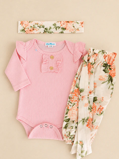 Conjunto pilucho, pantalones y cintillo flores coral