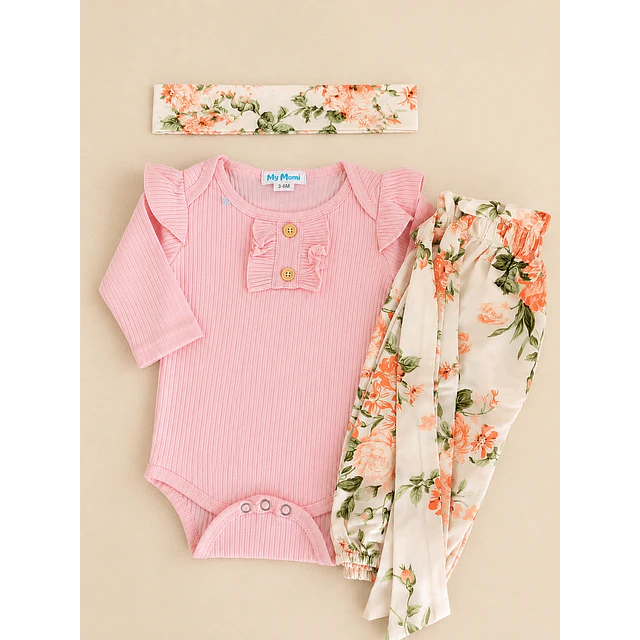 Conjunto pilucho, pantalones y cintillo flores coral