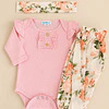 Conjunto pilucho, pantalones y cintillo flores coral