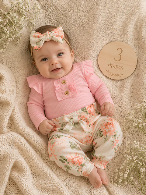 Conjunto pilucho, pantalones y cintillo flores coral