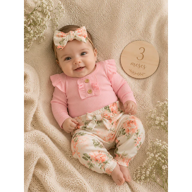 Conjunto pilucho, pantalones y cintillo flores coral