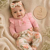 Conjunto pilucho, pantalones y cintillo flores coral