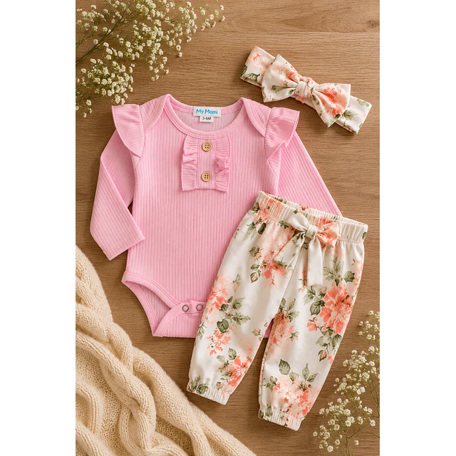 Conjunto pilucho, pantalones y cintillo flores coral