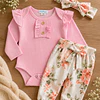 Conjunto pilucho, pantalones y cintillo flores coral