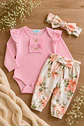 Conjunto pilucho, pantalones y cintillo flores coral - Miniatura 3