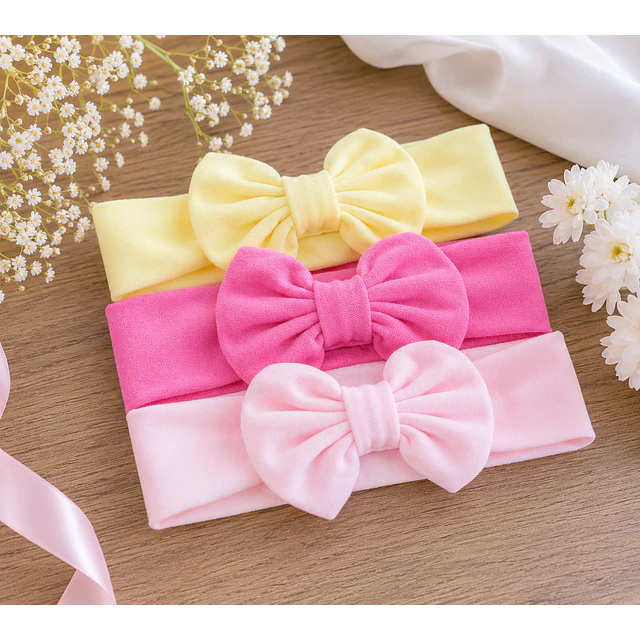 Pack 3 Cintillos para Bebé | Diademas Suaves y Ajustables rosado amarillo