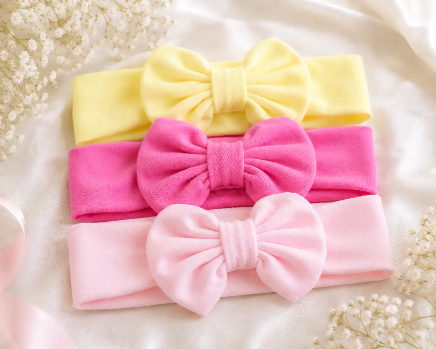 Pack 3 Cintillos para Bebé | Diademas Suaves y Ajustables rosado amarillo 2