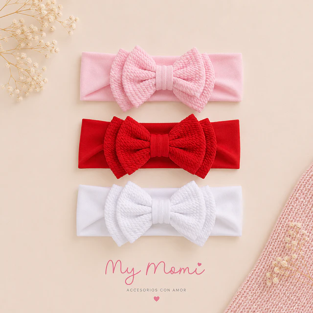 Pack 3 Cintillos para Bebé | Diademas Suaves y Ajustables rojo rosado y blanco 