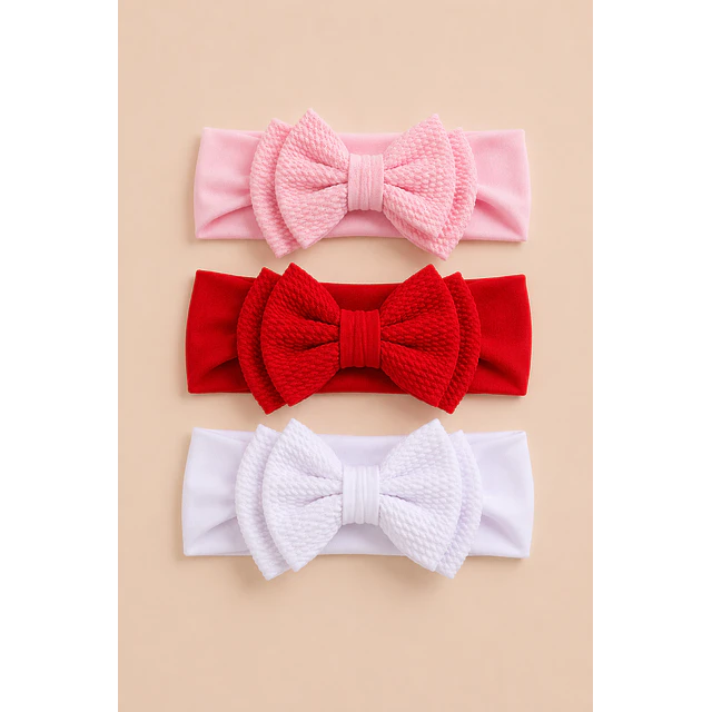 Pack 3 Cintillos para Bebé | Diademas Suaves y Ajustables rojo rosado y blanco 