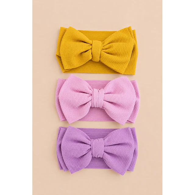 Pack 3 Cintillos para Bebé | Diademas Suaves y Ajustables rosados y amarillo grandes 