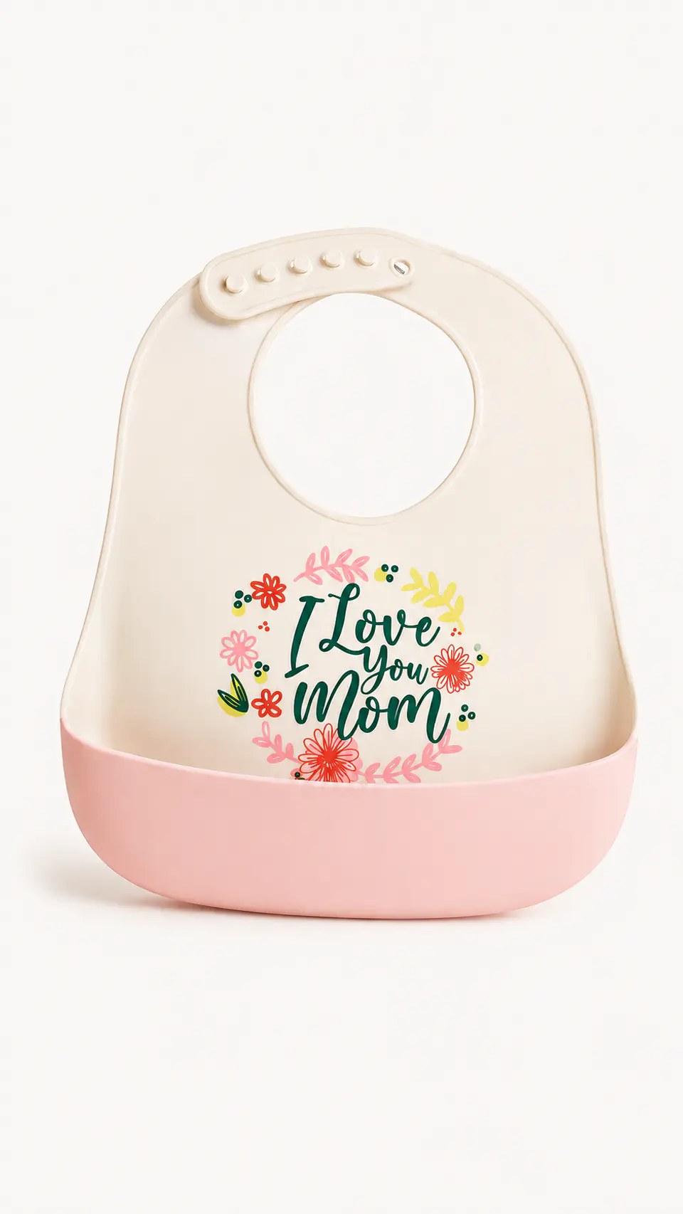 Babero silicona amo a mi Mamá rosado y blanco 1