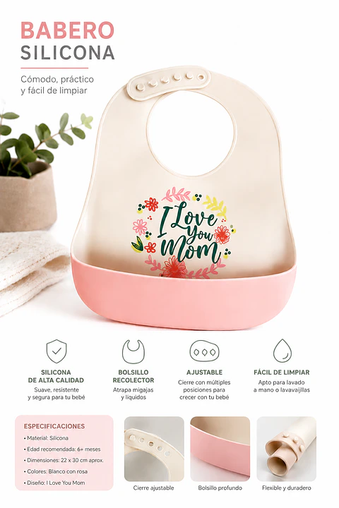 Babero silicona amo a mi Mamá rosado y blanco