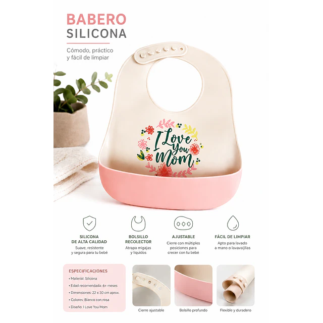 Babero silicona amo a mi Mamá rosado y blanco