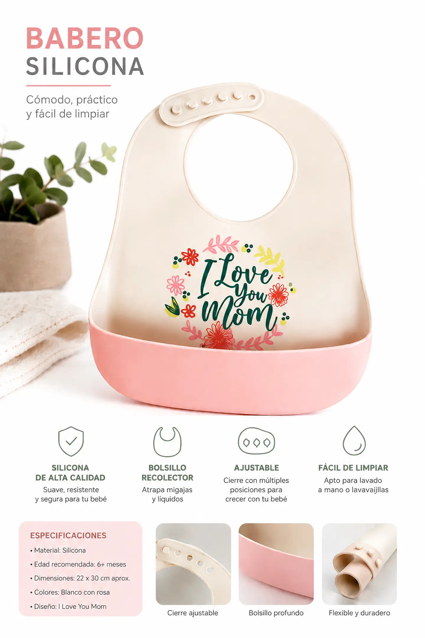 Babero silicona amo a mi Mamá rosado y blanco 2