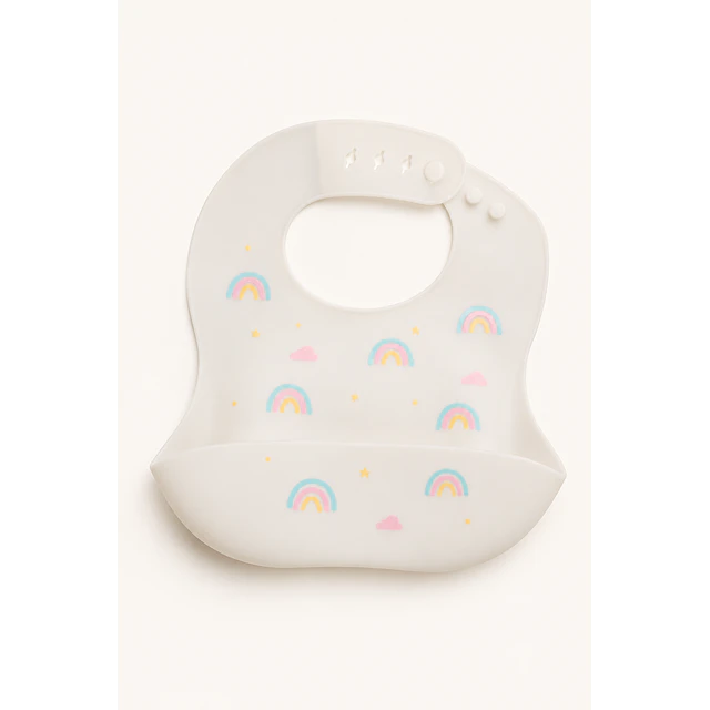 Babero silicona arcoiris rosado y blanco
