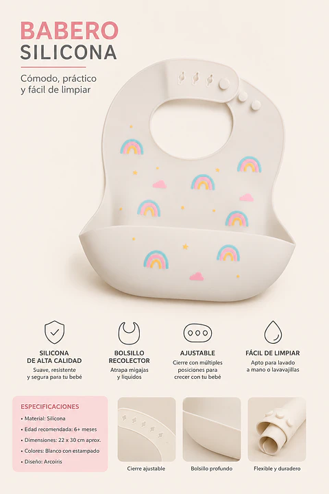 Babero silicona arcoiris rosado y blanco