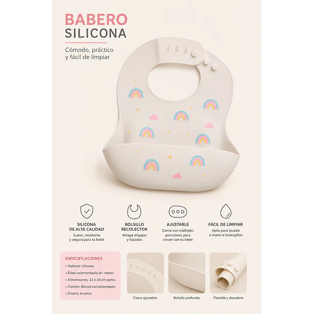 Babero silicona arcoiris rosado y blanco