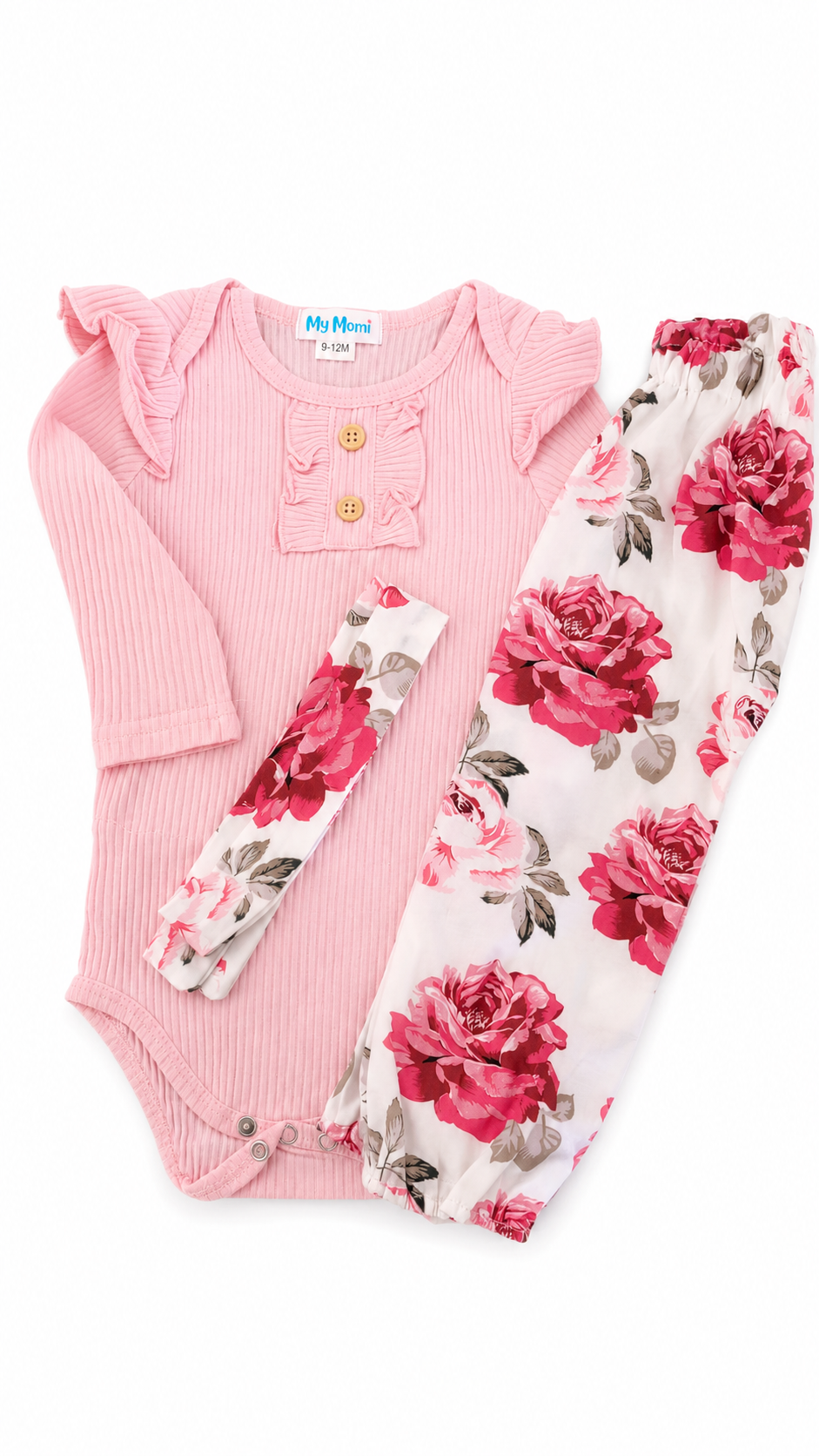Conjunto pilucho, pantalones y cintillo flores rosadas 1