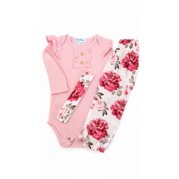 Conjunto pilucho, pantalones y cintillo flores rosadas