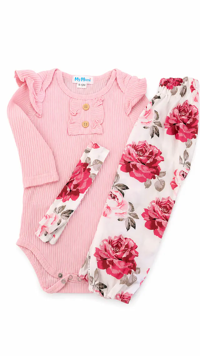 Conjunto pilucho, pantalones y cintillo flores rosadas