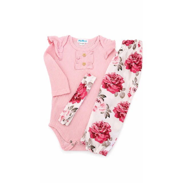 Conjunto pilucho, pantalones y cintillo flores rosadas