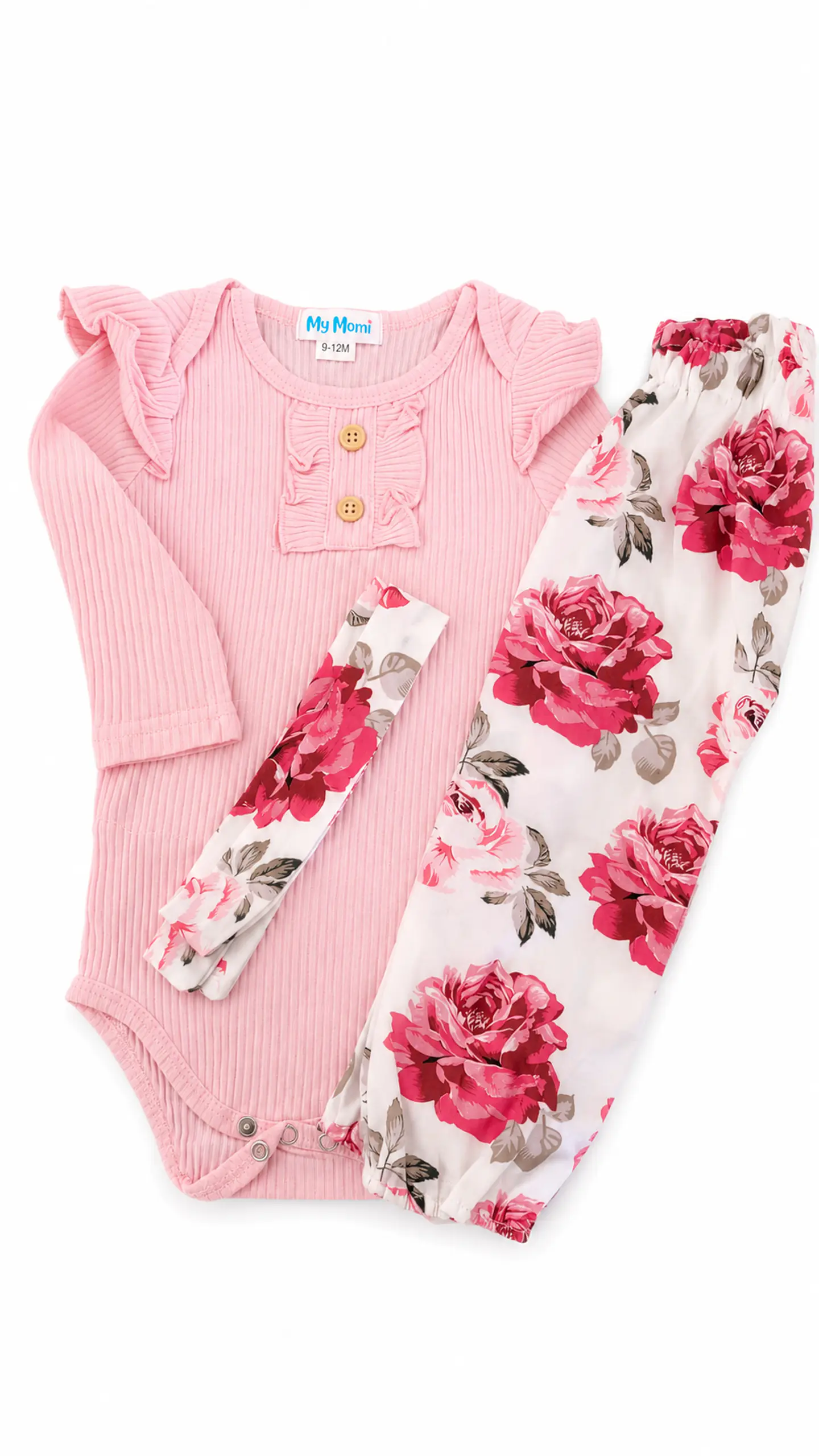 Conjunto pilucho, pantalones y cintillo flores rosadas 1