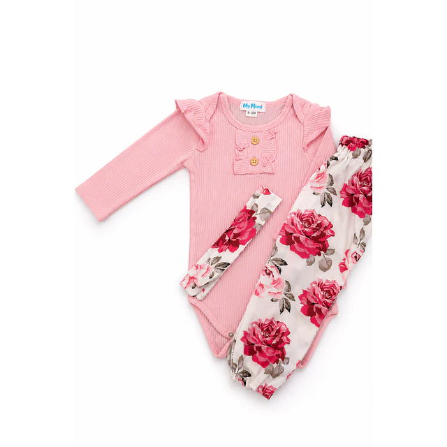 Conjunto pilucho, pantalones y cintillo flores rosadas