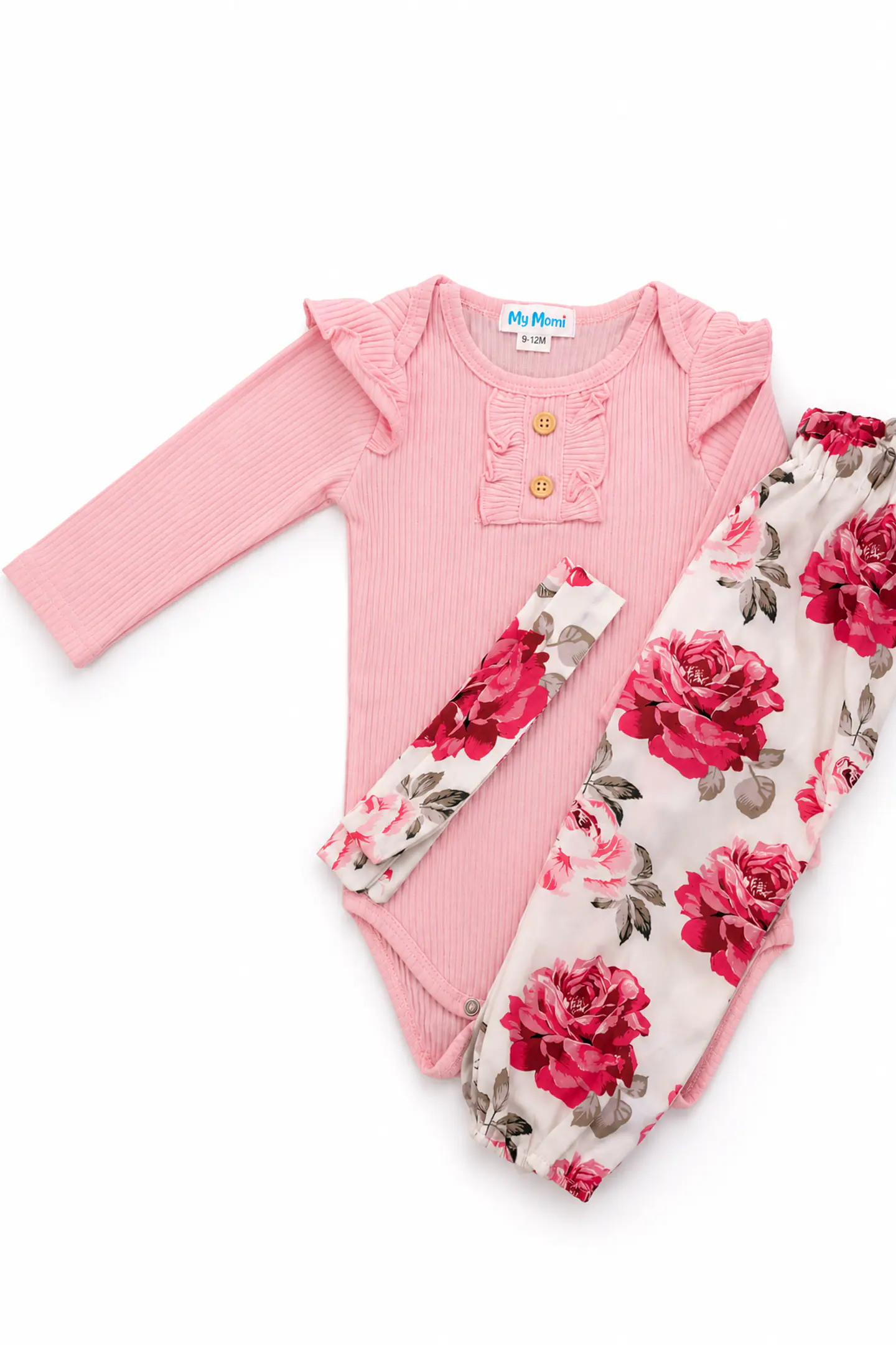 Conjunto pilucho, pantalones y cintillo flores rosadas 5