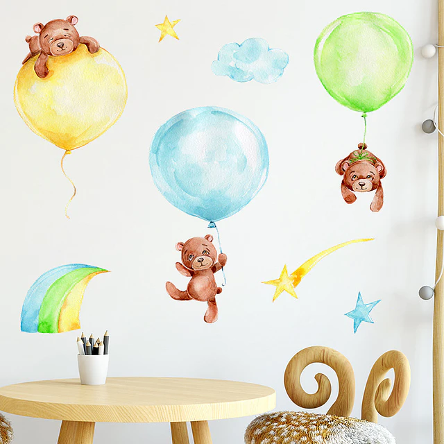 🐻 Set de Decoración Osos y Globos en Acuarela | 4 Láminas de 90x30 cm | Vinilo Decorativo Infantil