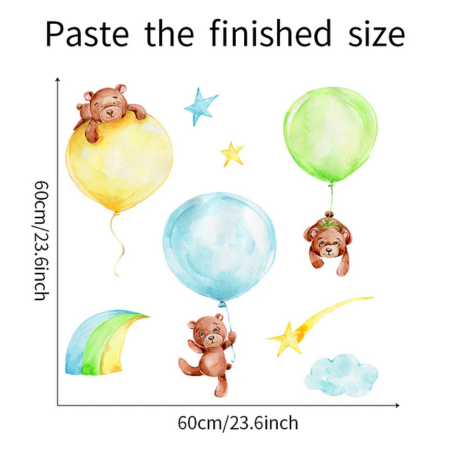 🐻 Set de Decoración Osos y Globos en Acuarela | 4 Láminas de 90x30 cm | Vinilo Decorativo Infantil