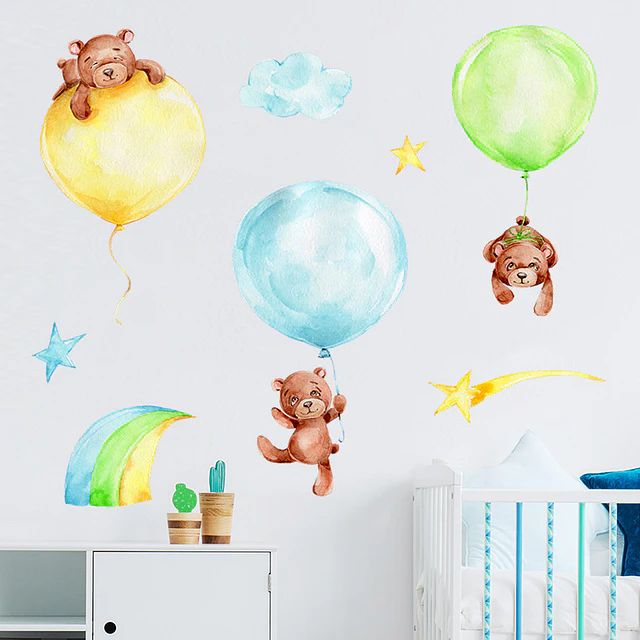 🐻 Set de Decoración Osos y Globos en Acuarela | 4 Láminas de 90x30 cm | Vinilo Decorativo Infantil