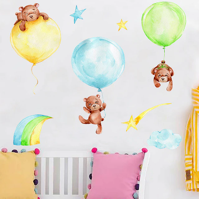 🐻 Set de Decoración Osos y Globos en Acuarela | 4 Láminas de 90x30 cm | Vinilo Decorativo Infantil