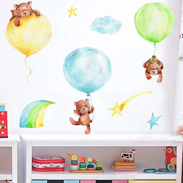 🐻 Set de Decoración Osos y Globos en Acuarela | 4 Láminas de 90x30 cm | Vinilo Decorativo Infantil