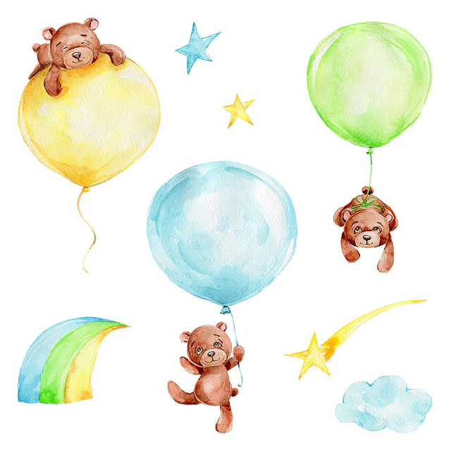 🐻 Set de Decoración Osos y Globos en Acuarela | 4 Láminas de 90x30 cm | Vinilo Decorativo Infantil