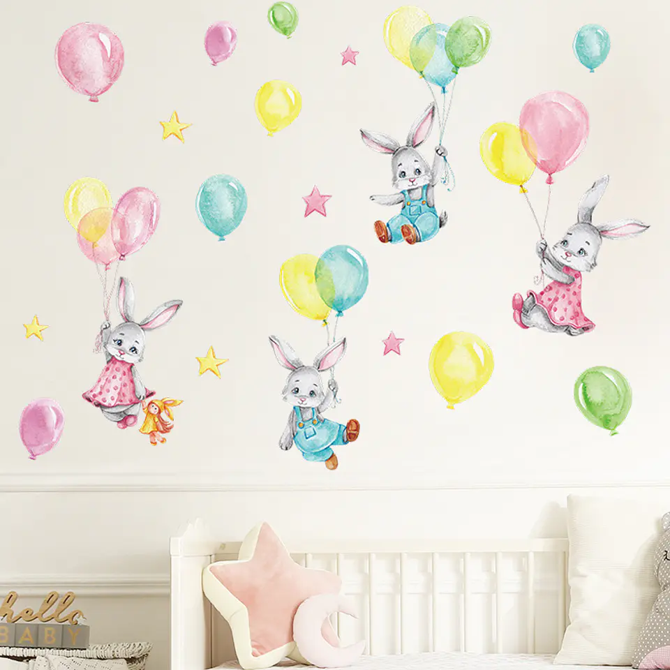 Conejitos en Globo | Lámina Vinilo Decorativa Infantil 90 × 30 cm 1