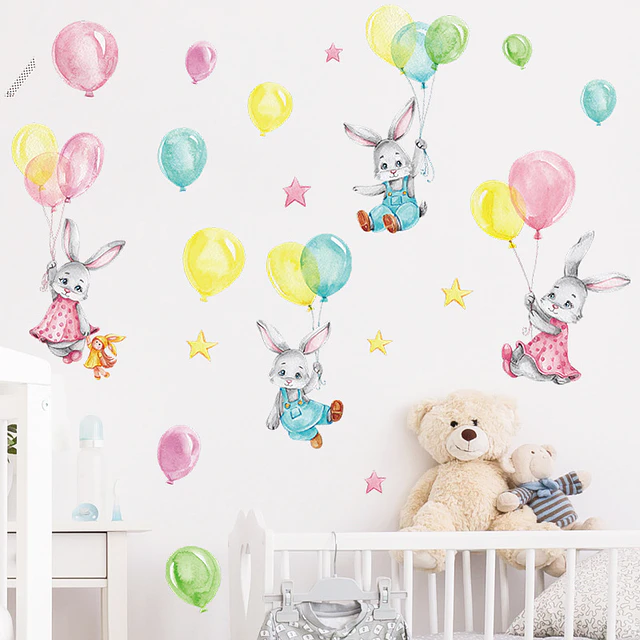 🐰 Conejos y Globos en Acuarela 1 Lámina 90x30 cm | Vinilo Sticker de Pared Infantil