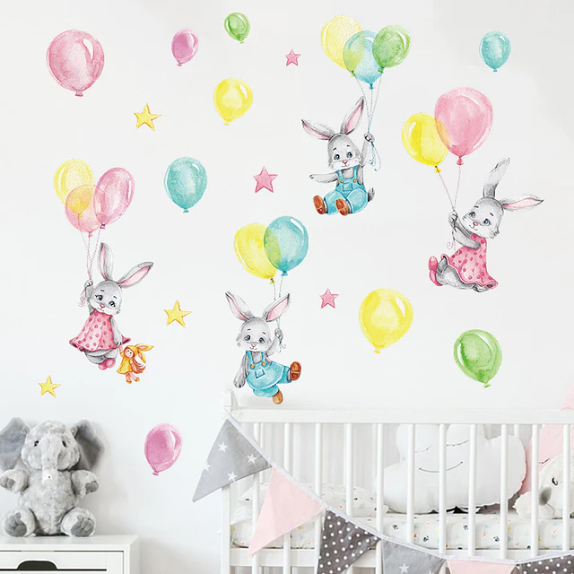 🐰 Conejos y Globos en Acuarela 1 Lámina 90x30 cm | Vinilo Sticker de Pared Infantil