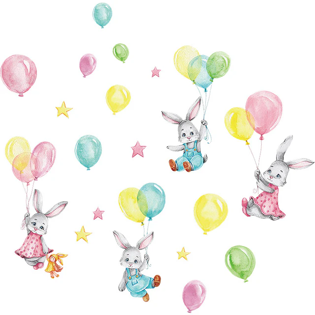 🐰 Conejos y Globos en Acuarela 1 Lámina 90x30 cm | Vinilo Sticker de Pared Infantil