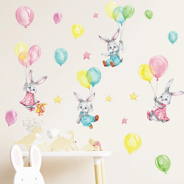 🐰 Conejos y Globos en Acuarela 1 Lámina 90x30 cm | Vinilo Sticker de Pared Infantil