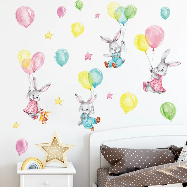 🐰 Conejos y Globos en Acuarela 1 Lámina 90x30 cm | Vinilo Sticker de Pared Infantil