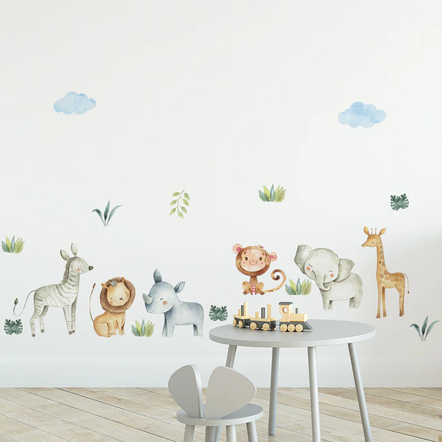🦁 Animales en la Selva en Acuarela | Set de 4 Láminas 90x30 cm | Vinilo Sticker de Pared Infantil