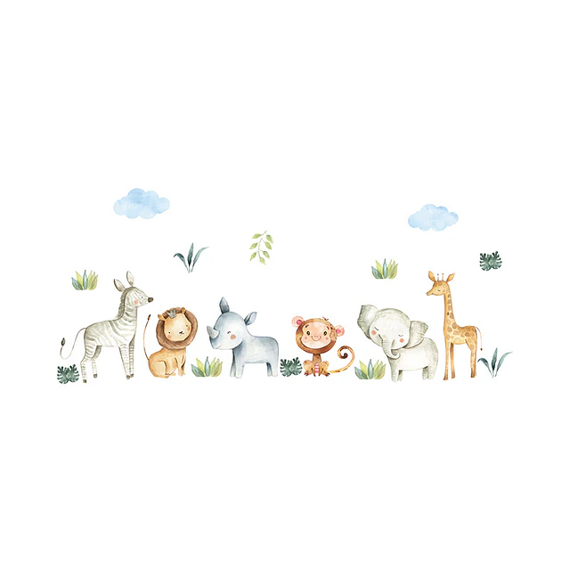 🦁 Animales en la Selva en Acuarela | Set de 4 Láminas 90x30 cm | Vinilo Sticker de Pared Infantil
