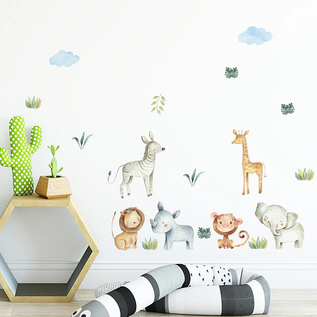 🦁 Animales en la Selva en Acuarela | Set de 4 Láminas 90x30 cm | Vinilo Sticker de Pared Infantil