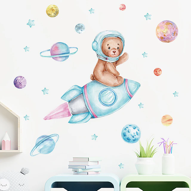 Los Planetas del Oso y Lunas Azules | Vinilo Sticker de Pared Infantil Set 3 Láminas (60x30 cm c/u)