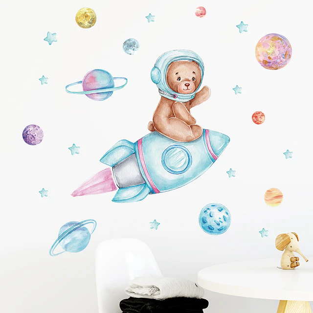 Los Planetas del Oso y Lunas Azules | Vinilo Sticker de Pared Infantil Set 3 Láminas (60x30 cm c/u)