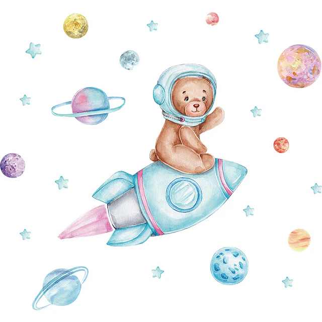 Los Planetas del Oso y Lunas Azules | Vinilo Sticker de Pared Infantil Set 3 Láminas (60x30 cm c/u)